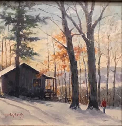 A cozy cabin nestled among bare trees and gentle snowfall, with a person in a red coat walking nearby. A cozy cabin nestled among bare trees and gentle snowfall, with a person in a red coat walking nearby.